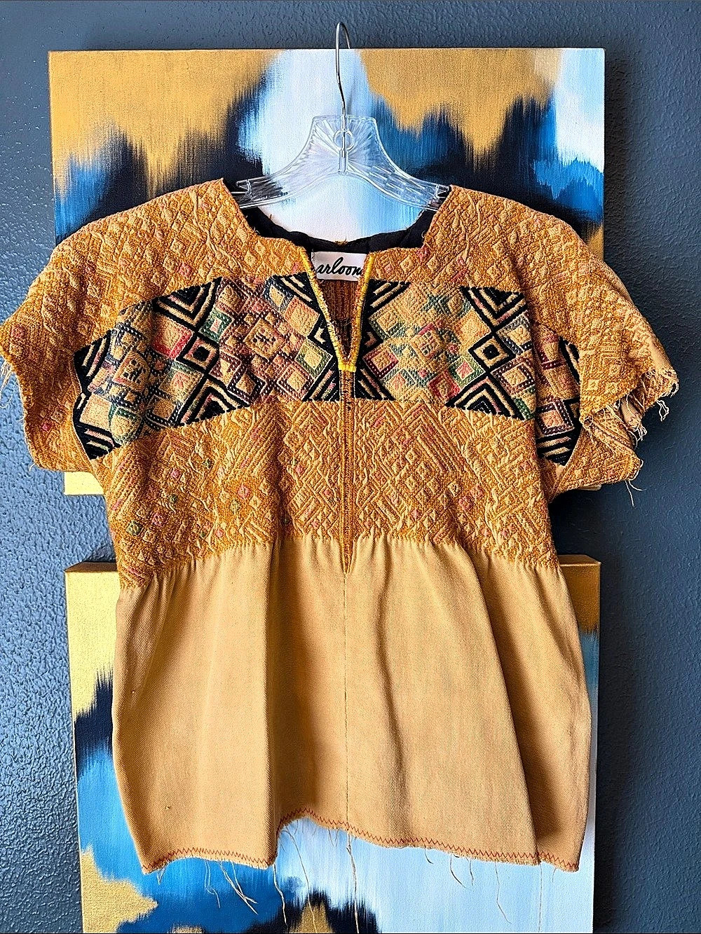 arloom Vintage Huipil Top Geometric Embroidered Tunic Orange & Tan